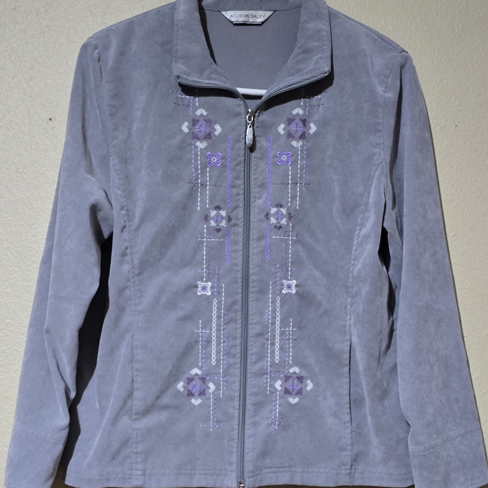 Allison Daley Jacket Gray Corduroy Full Zip Embroidered Pockets *SEE Pics For Sz
